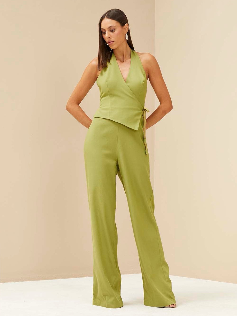 Sleeveless Green Halter Wrap Jumpsuit Brazil Brand Size XS